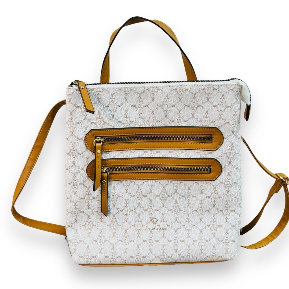 Nanette Lepore White and Tan Logo Backpack Purse